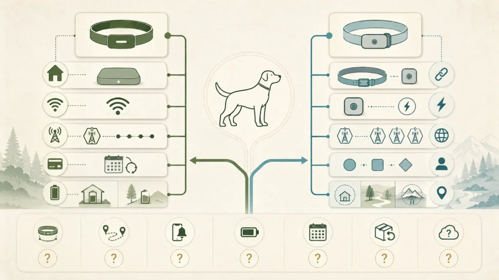 Illustration comparing two dog GPS tracker decision paths across fit, cellular coverage, battery conditions, setup, plans, cost, and unknowns