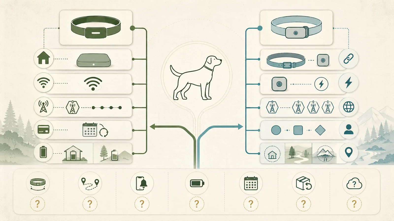 Illustration comparing two dog GPS tracker decision paths across fit, cellular coverage, battery conditions, setup, plans, cost, and unknowns