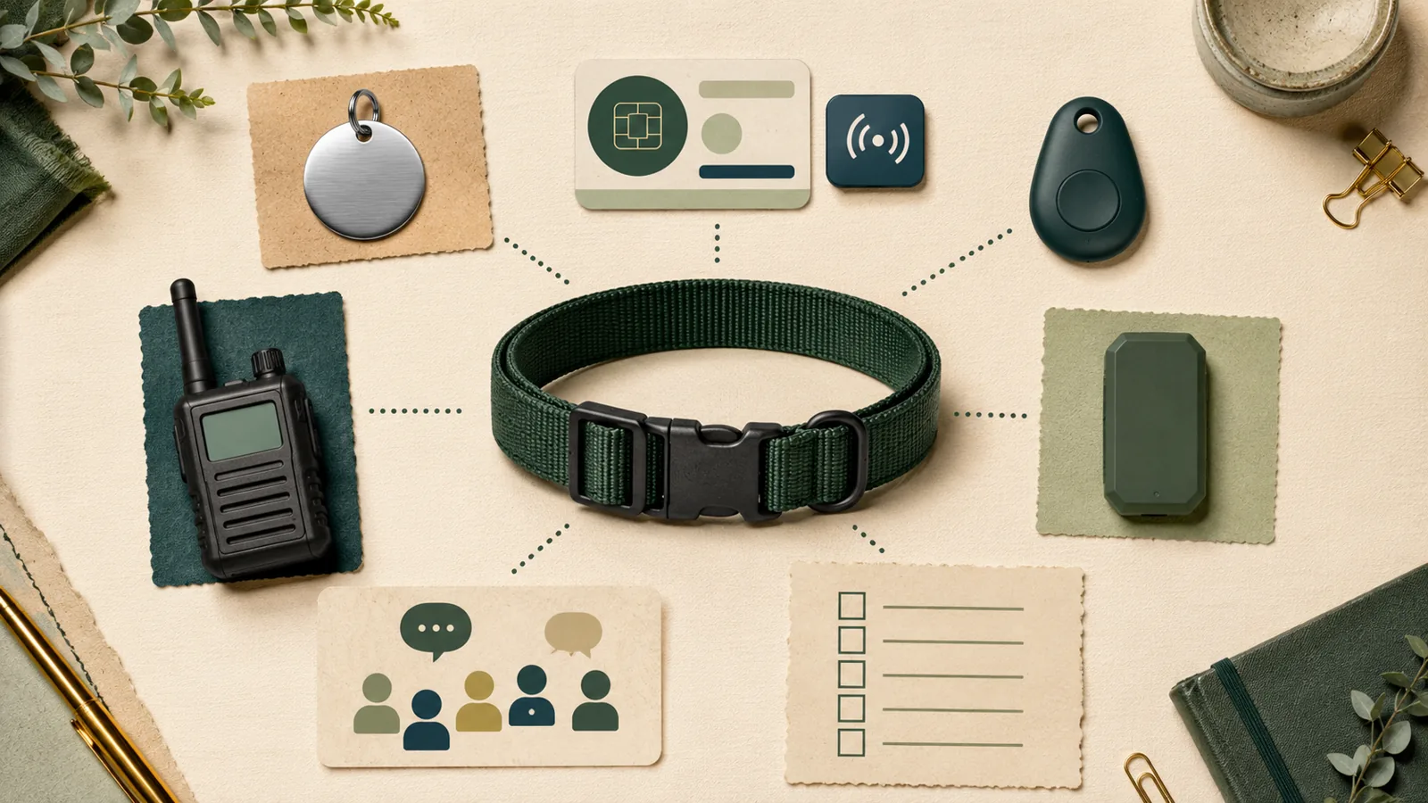 Illustration of a dog collar surrounded by a visible ID tag, microchip card, Bluetooth tag, radio receiver, tracker, and community-search notes