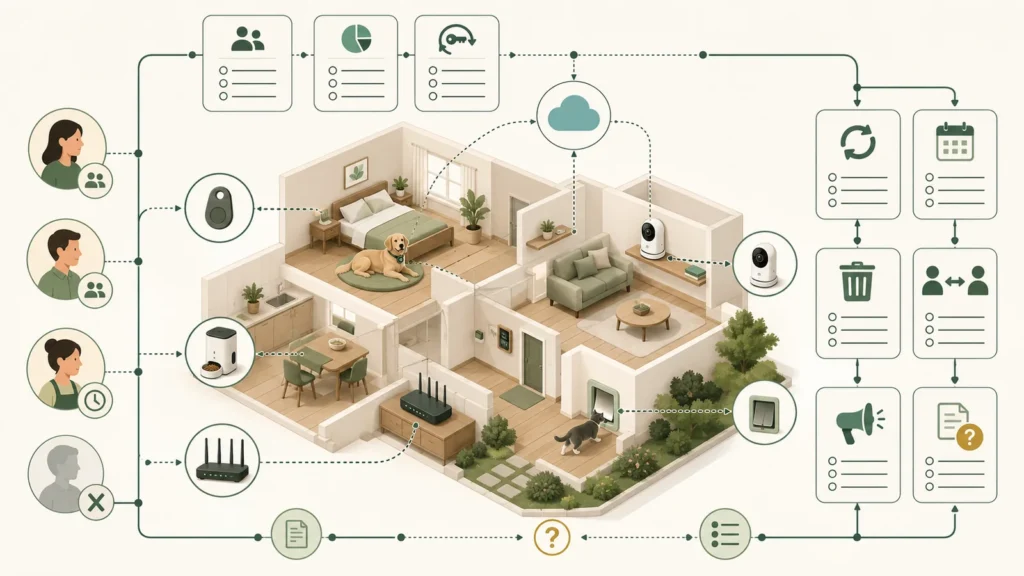 Illustration of a connected home with pet devices, household access, cloud data, updates, deletion, sharing, and support review steps