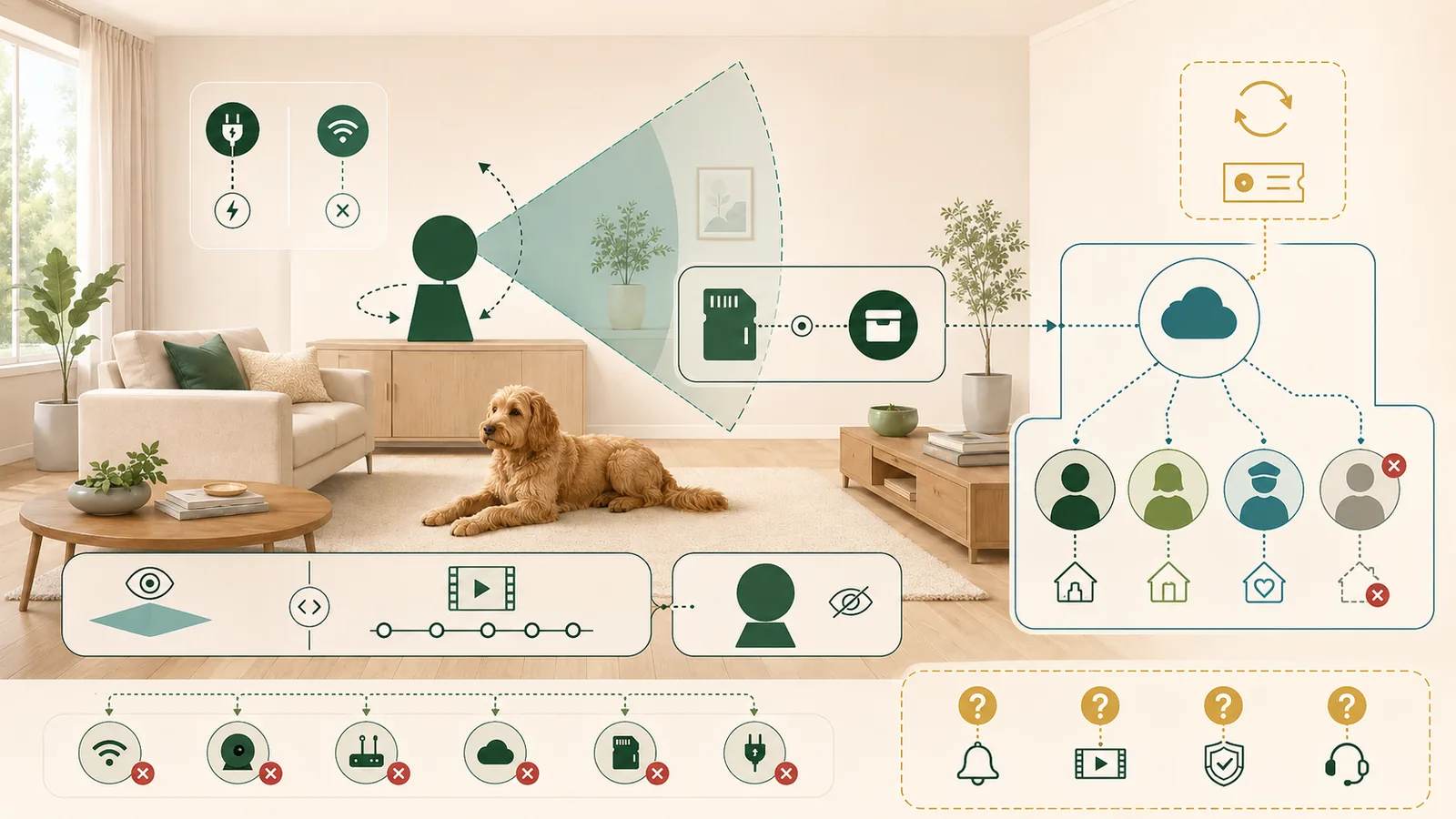 Illustration of an indoor pet-camera decision showing power, Wi-Fi, local storage, cloud access, household sharing, and unresolved alerts.