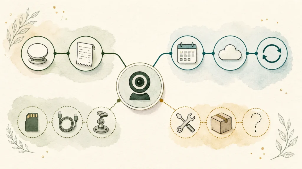 Dog beside an illustrated pet-camera cost map covering hardware, cloud service, storage, accessories, replacement, and unknown costs.