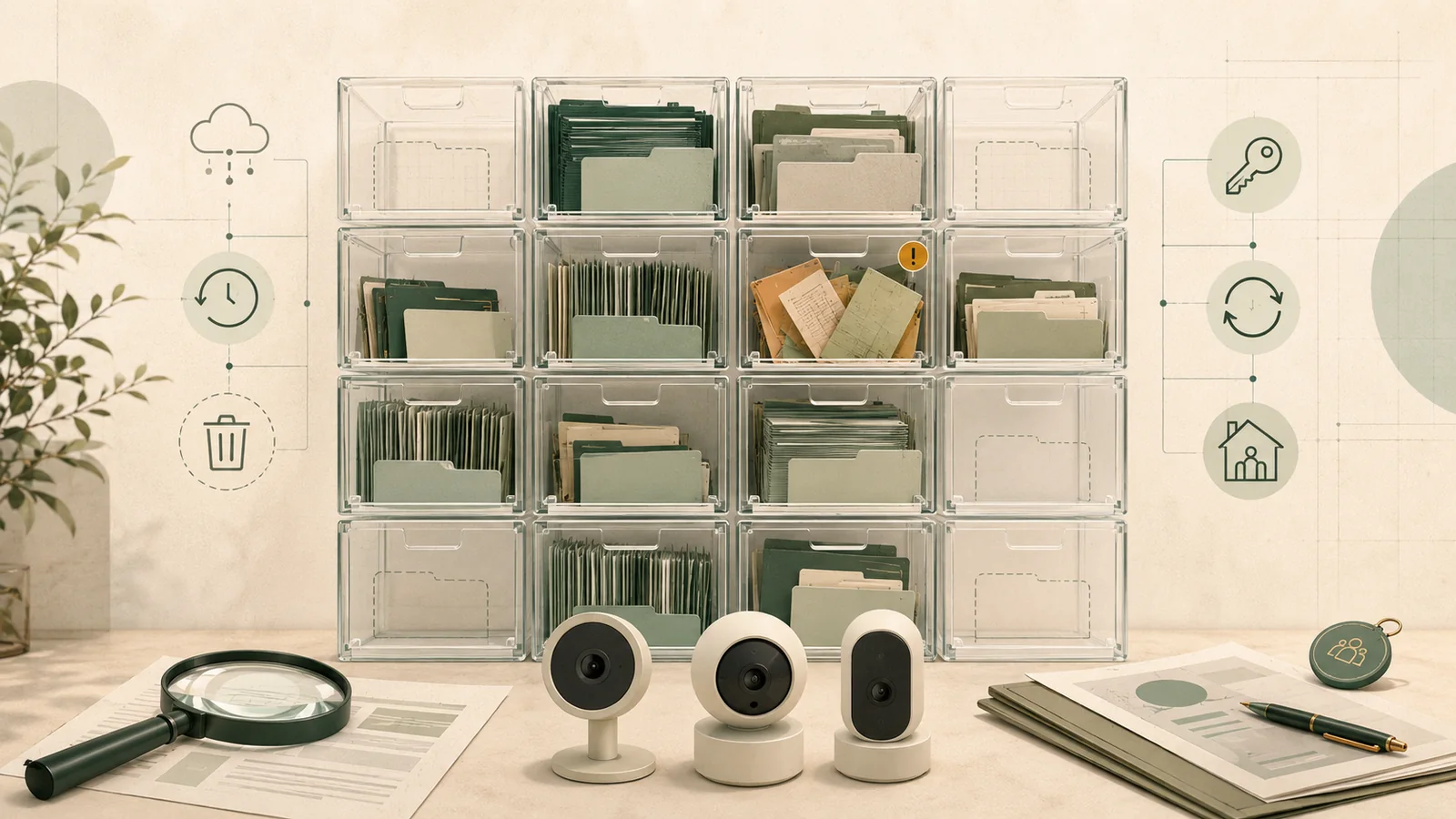 Illustration of generic pet cameras beside privacy-policy, cloud-retention, account-access, deletion, and unresolved-evidence symbols.