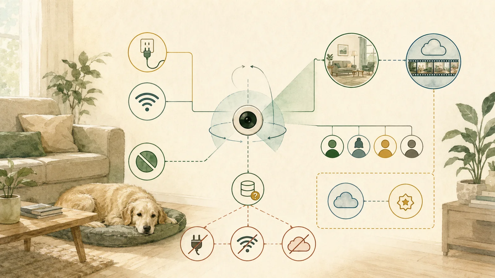 Editorial illustration of a generic indoor pet camera with power, Wi-Fi, cloud history, household sharing, privacy, and offline-dependency symbols.