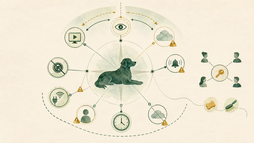 Editorial illustration of a dog surrounded by generic indoor pet-camera viewing, cloud, household access, power, alert, and treat-maintenance dependencies.