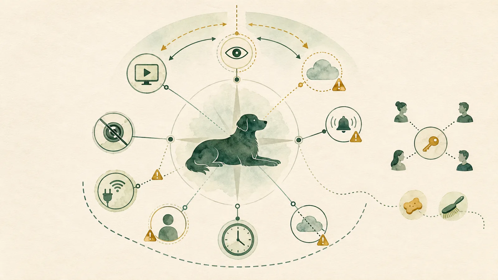 Editorial illustration of a dog surrounded by generic indoor pet-camera viewing, cloud, household access, power, alert, and treat-maintenance dependencies.
