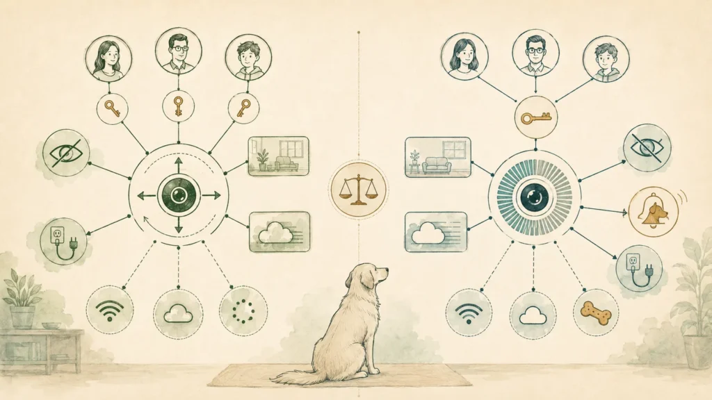 Editorial illustration comparing two abstract indoor pet-camera architectures with household access, cloud, Wi-Fi, power, privacy, and treat-interaction dependencies.