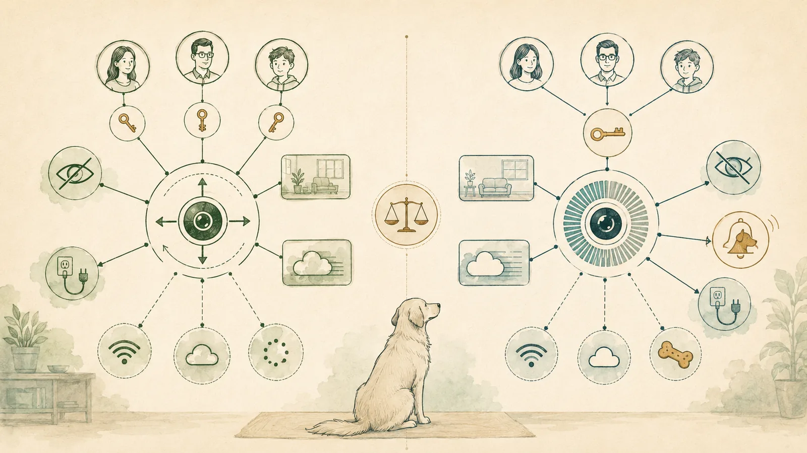 Editorial illustration comparing two abstract indoor pet-camera architectures with household access, cloud, Wi-Fi, power, privacy, and treat-interaction dependencies.