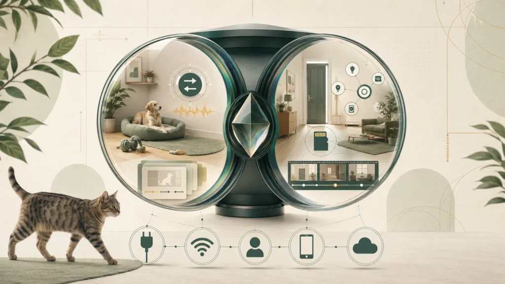 Editorial illustration comparing pet-camera and indoor-security-camera architectures with a dog and cat, local storage, cloud, Wi-Fi, household access, and privacy-state cues.