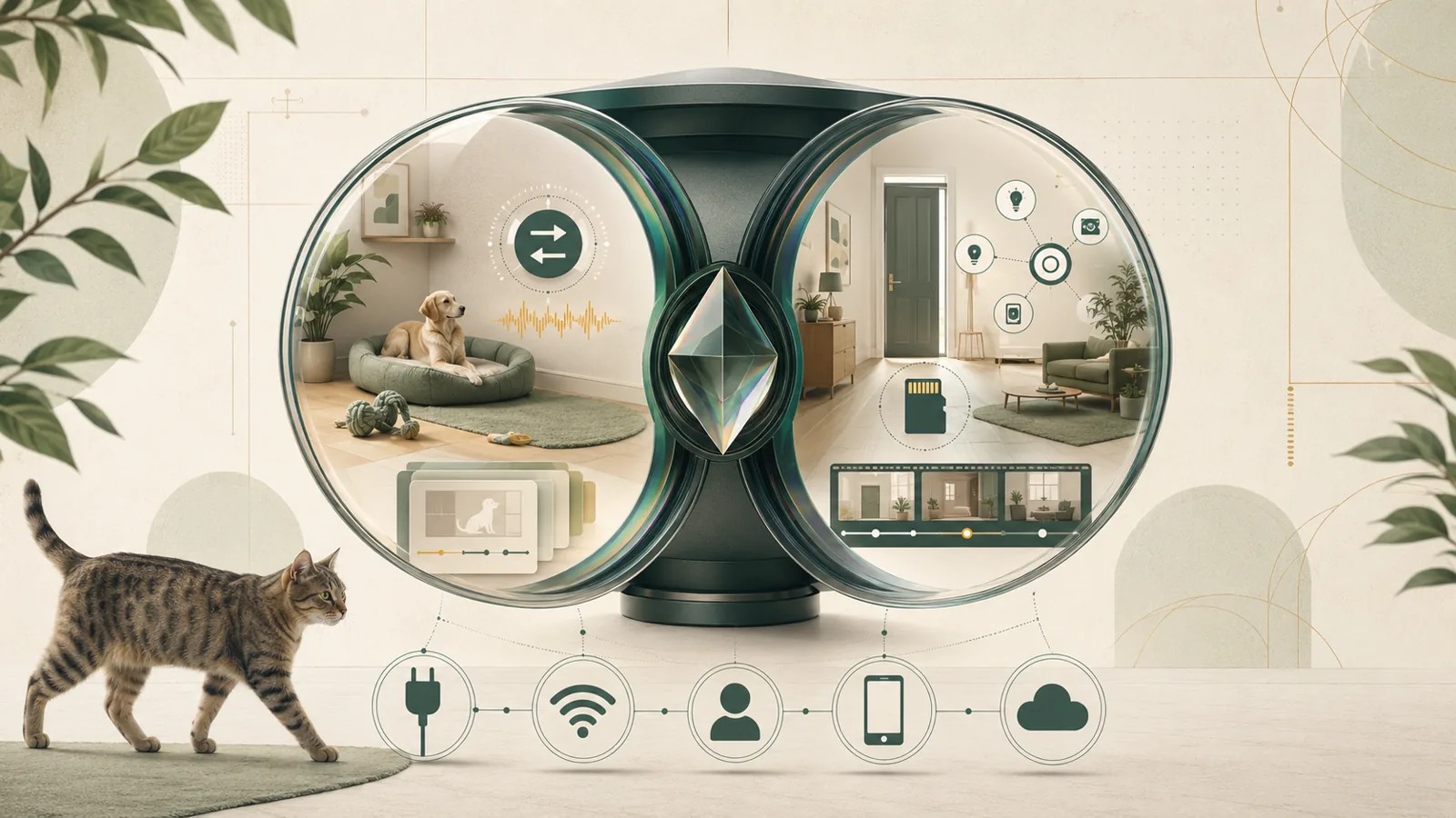 Editorial illustration comparing pet-camera and indoor-security-camera architectures with a dog and cat, local storage, cloud, Wi-Fi, household access, and privacy-state cues.