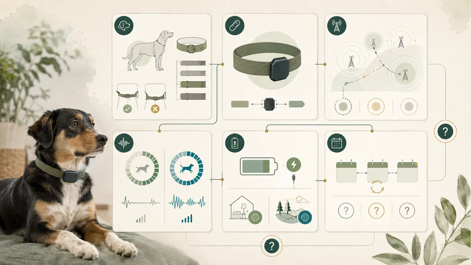 Illustration of a dog and the fit, attachment, cellular coverage, battery, and subscription checks used to assess a GPS tracker