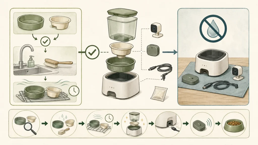 Illustrated smart-feeder maintenance workflow showing removable bowls, drying, reassembly, and electronics kept dry