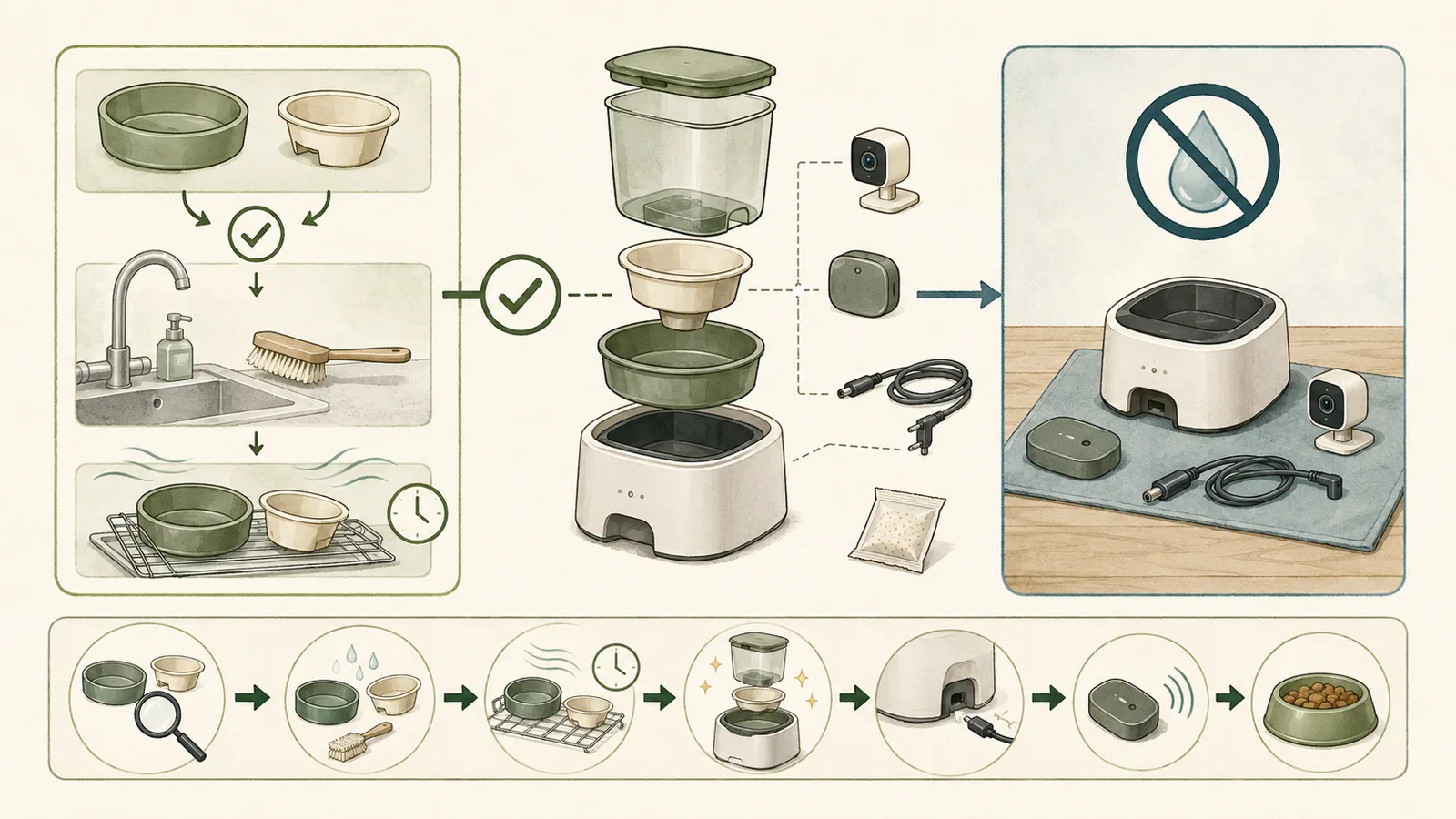 Illustrated smart-feeder maintenance workflow showing removable bowls, drying, reassembly, and electronics kept dry