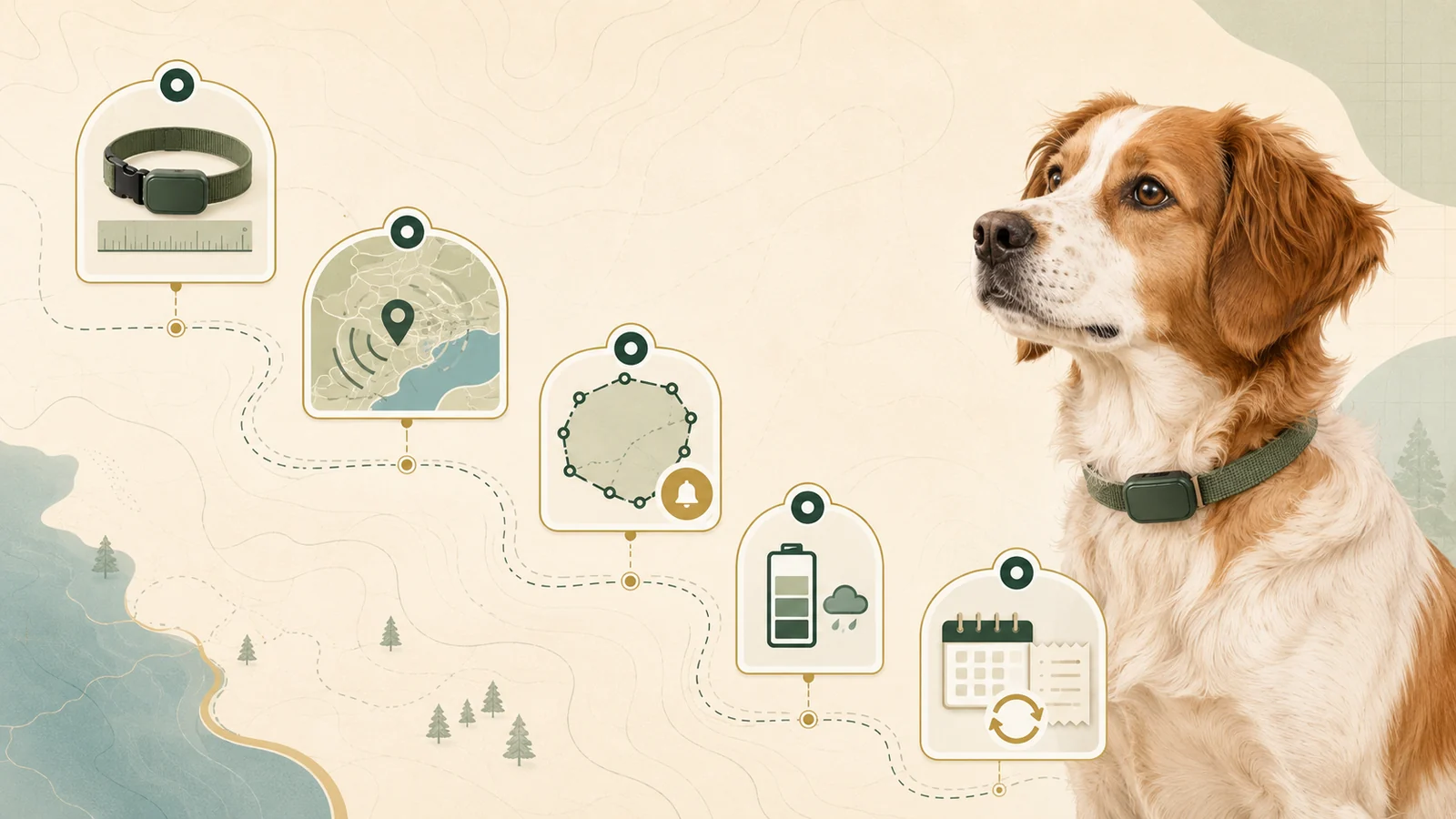 Illustration of a dog owner evaluating tracker fit, coverage, alerts, battery, and ownership cost