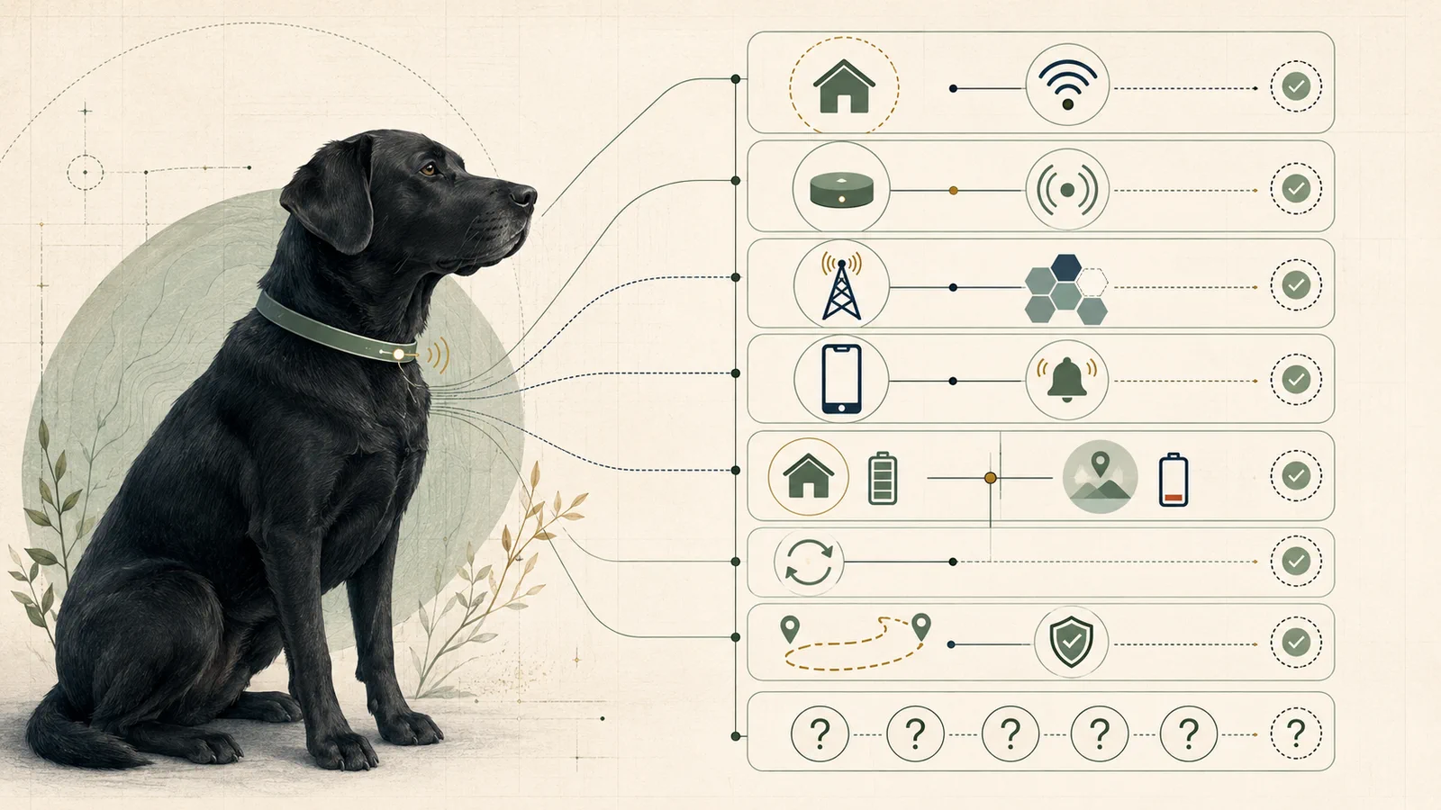 Illustration of a dog and the household, cellular, app, battery, and route checks used to assess a connected pet tracker