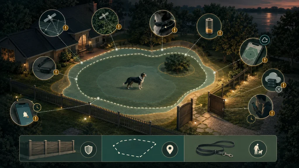Conceptual illustration of a dog, a mapped GPS boundary, a separate physical fence, and the satellite, battery, service, phone, and recovery layers that can affect a virtual fence