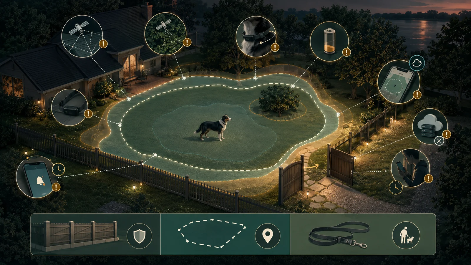 Conceptual illustration of a dog, a mapped GPS boundary, a separate physical fence, and the satellite, battery, service, phone, and recovery layers that can affect a virtual fence