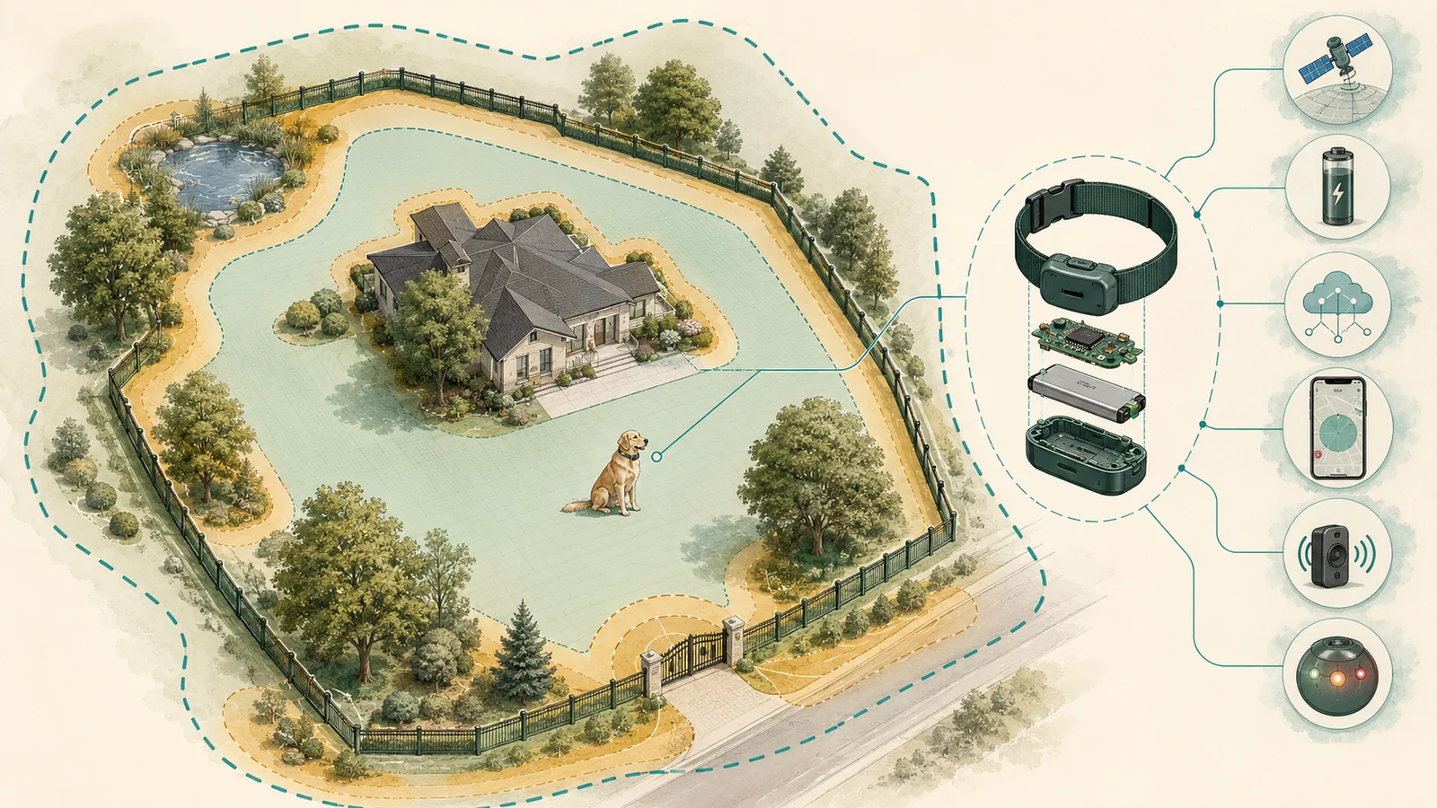 Conceptual illustration of a dog yard, physical fence, GPS boundary layers, and a collar system with connected components