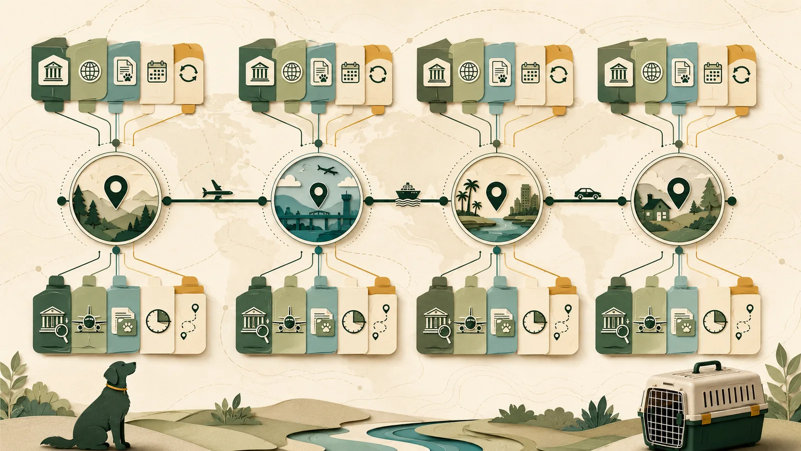 Illustration of a dog travel research workflow with route nodes, document folders, timing icons, a dog, and a travel crate