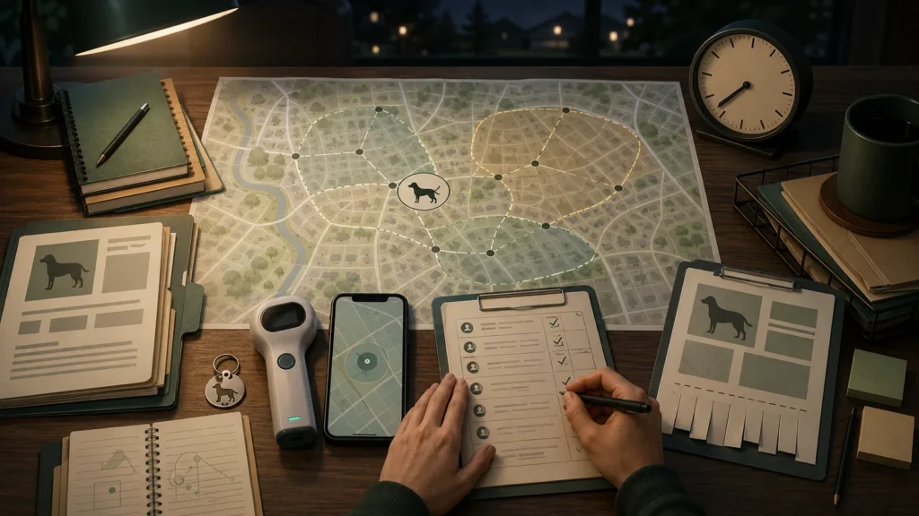 Illustration of a nighttime lost-pet response desk with a map, dog records, microchip scanner, phone, and coordinated search notes