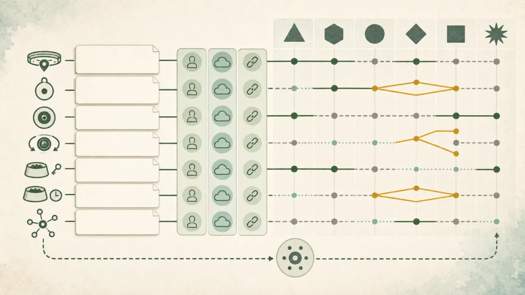 Editorial compatibility diagram connecting generic pet trackers, cameras, and feeders through accounts, cloud services, and documented or unresolved smart-home paths