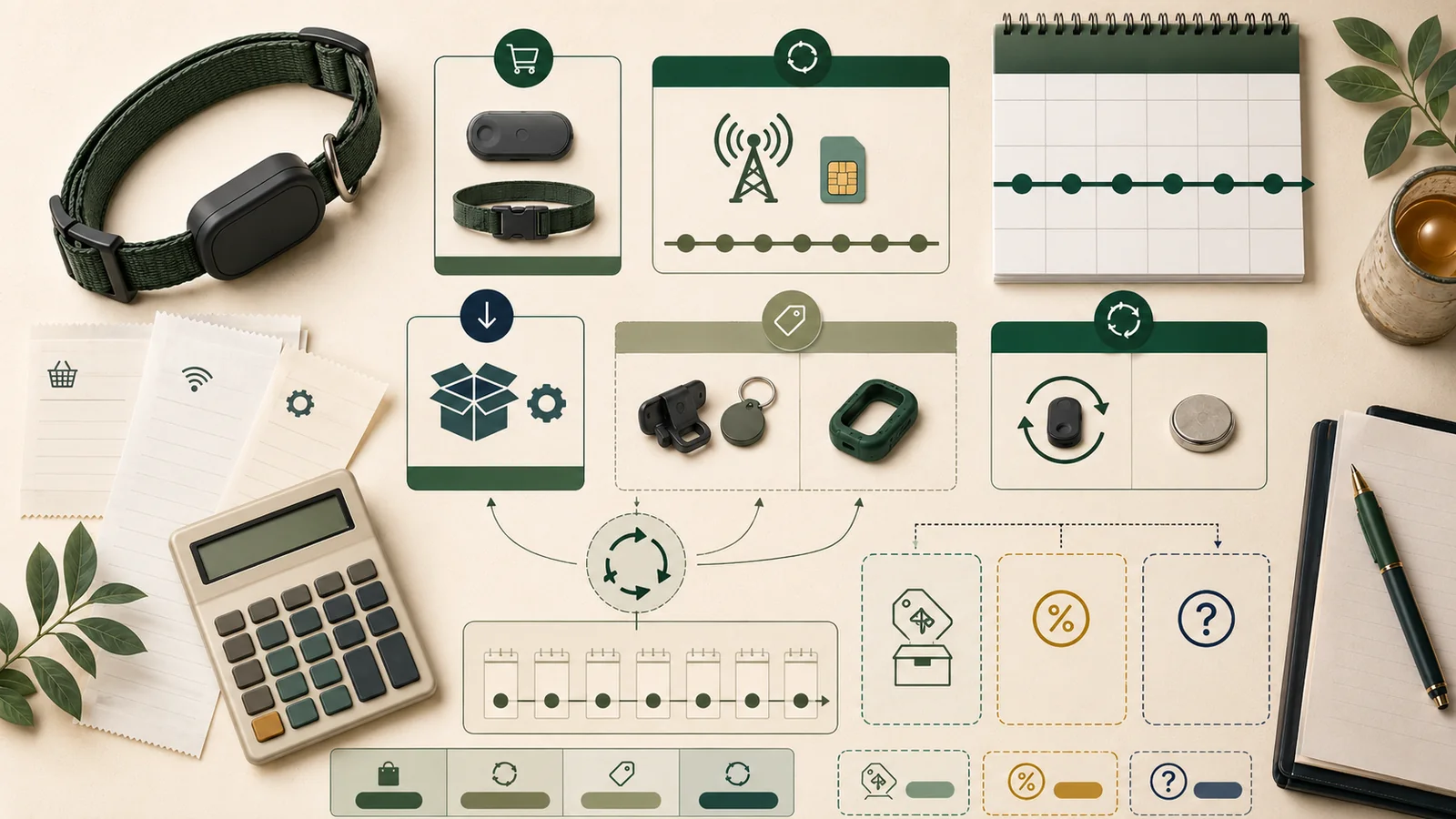 Editorial illustration of pet GPS tracker ownership costs, billing periods, replacement items, and unknown fees