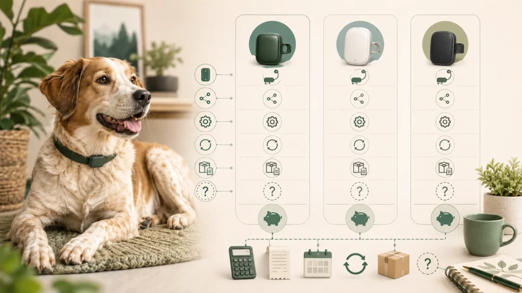 Illustration of a dog beside generic pet GPS trackers and icons representing hardware, subscriptions, billing periods, replacement, shipping, and unknown costs.