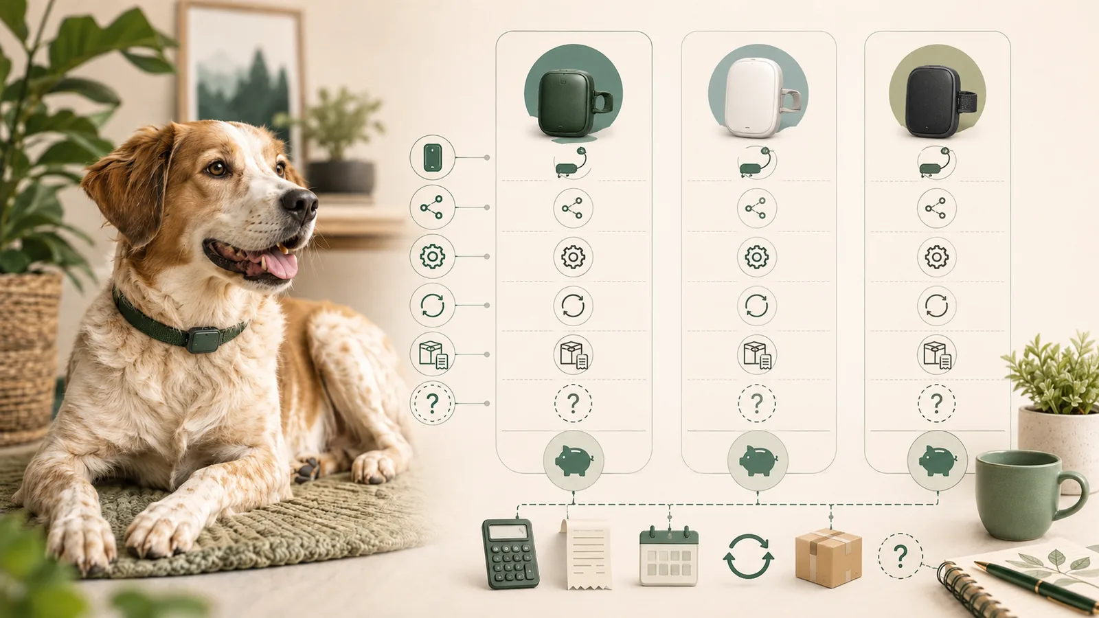 Illustration of a dog beside generic pet GPS trackers and icons representing hardware, subscriptions, billing periods, replacement, shipping, and unknown costs.