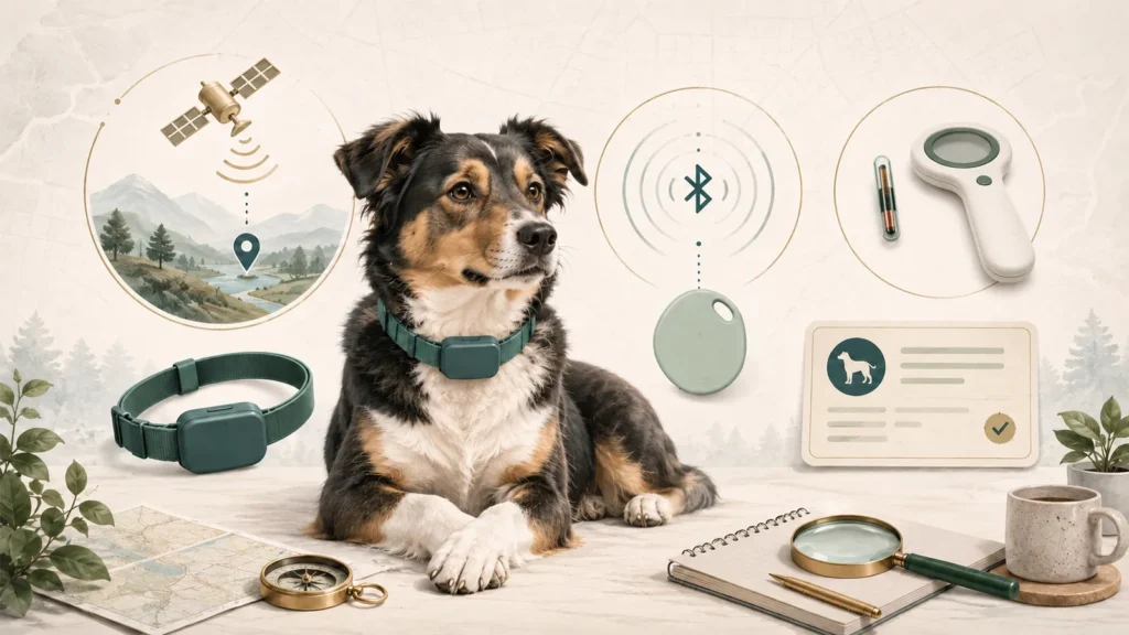 Illustration of a dog with a GPS tracker, Bluetooth tag, passive microchip, and handheld microchip scanner.
