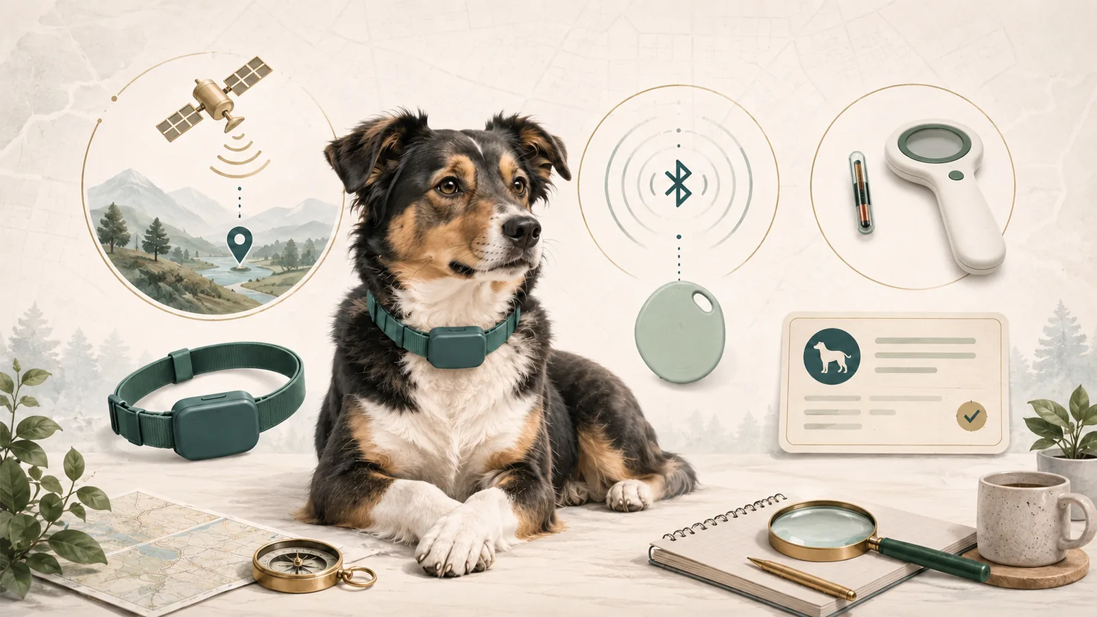 Illustration of a dog with a GPS tracker, Bluetooth tag, passive microchip, and handheld microchip scanner.