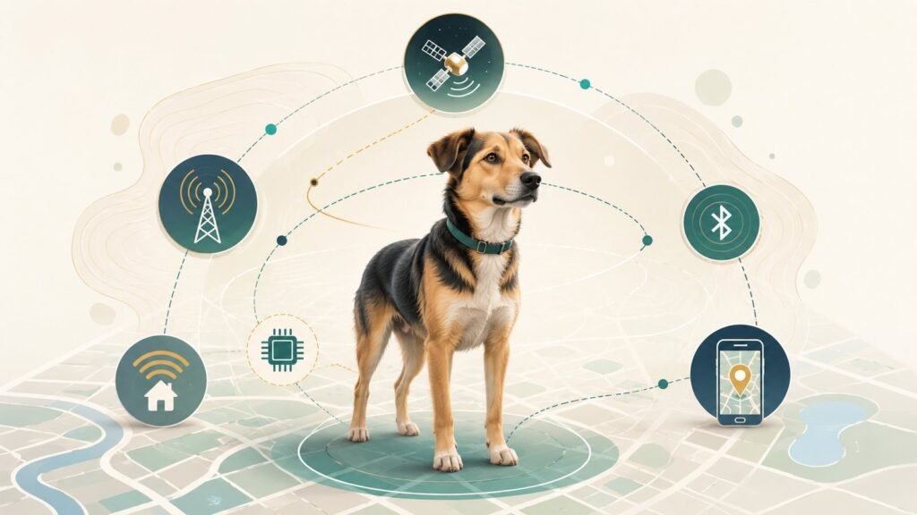 Illustration of a dog on a map with satellite, cellular, Wi-Fi, Bluetooth, microchip, and phone location technology icons.
