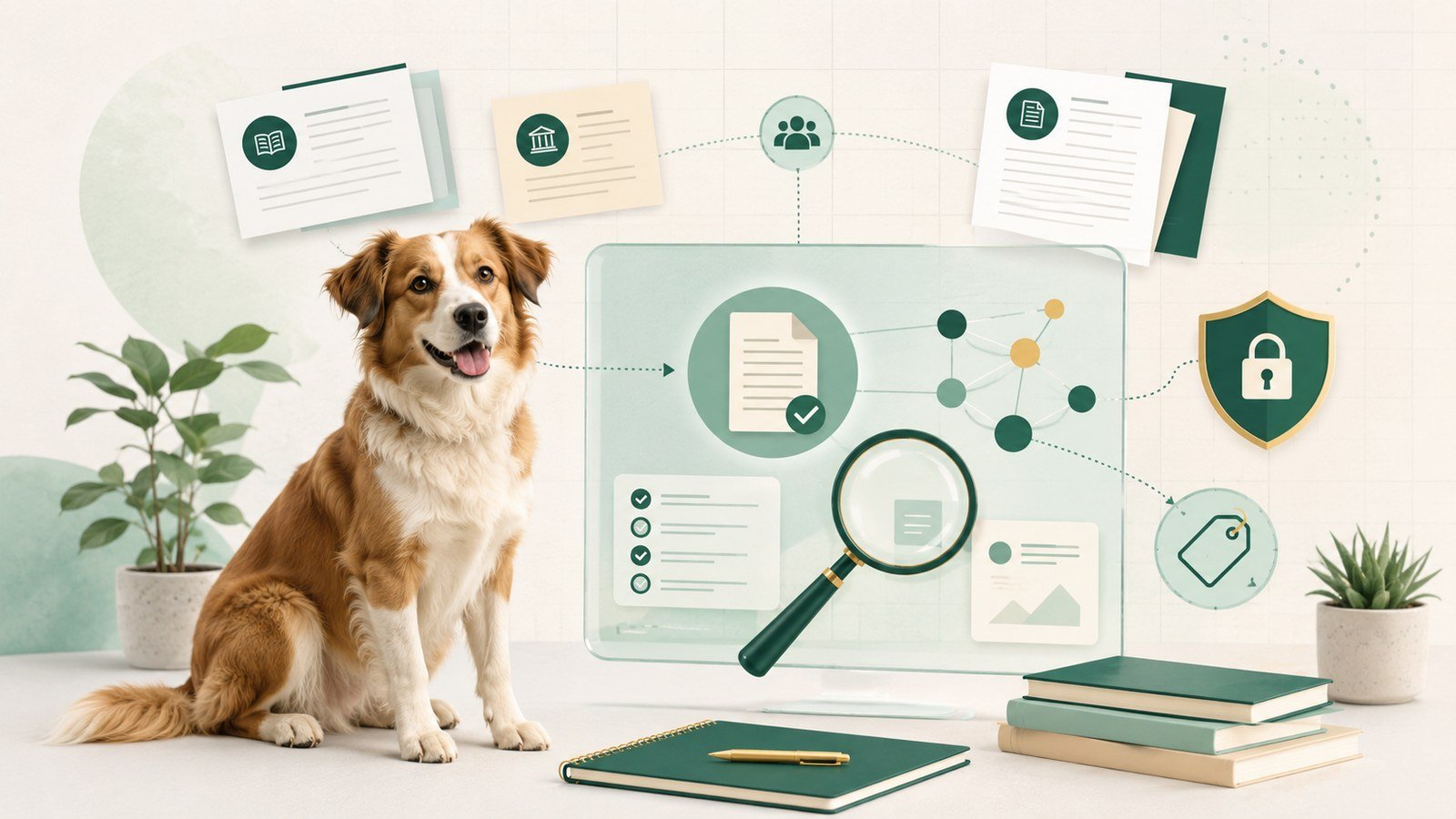 Illustration of a dog beside research documents, checklist, source icons, and a magnifying glass representing the Pet Signal Guide evidence review process.