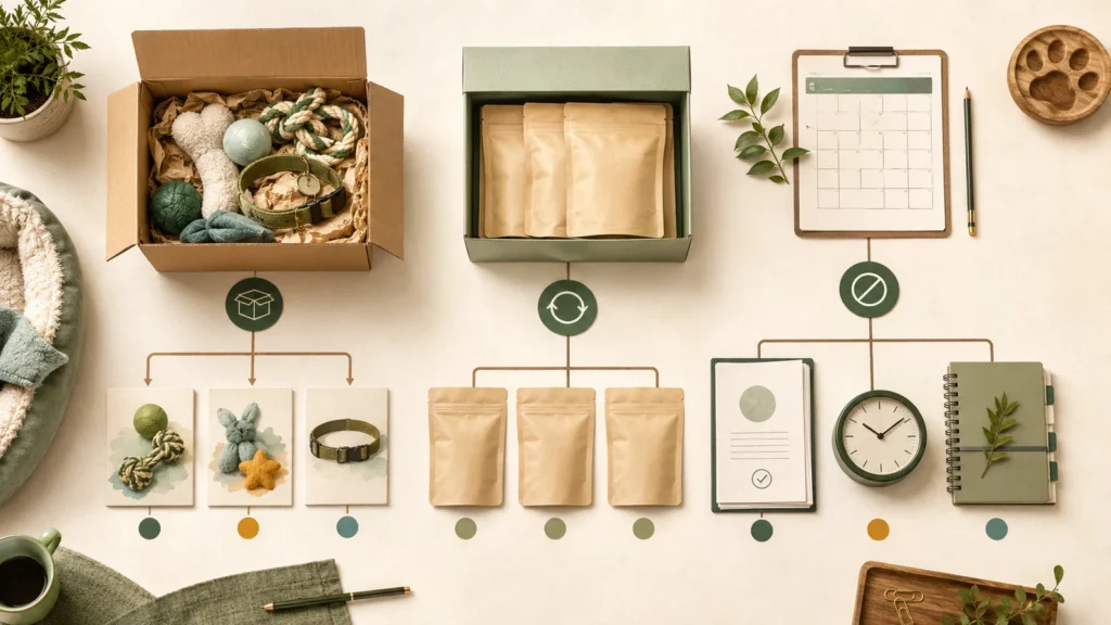 Editorial illustration of pet subscription boxes, replenishment plans, renewal timing, and cancellation records