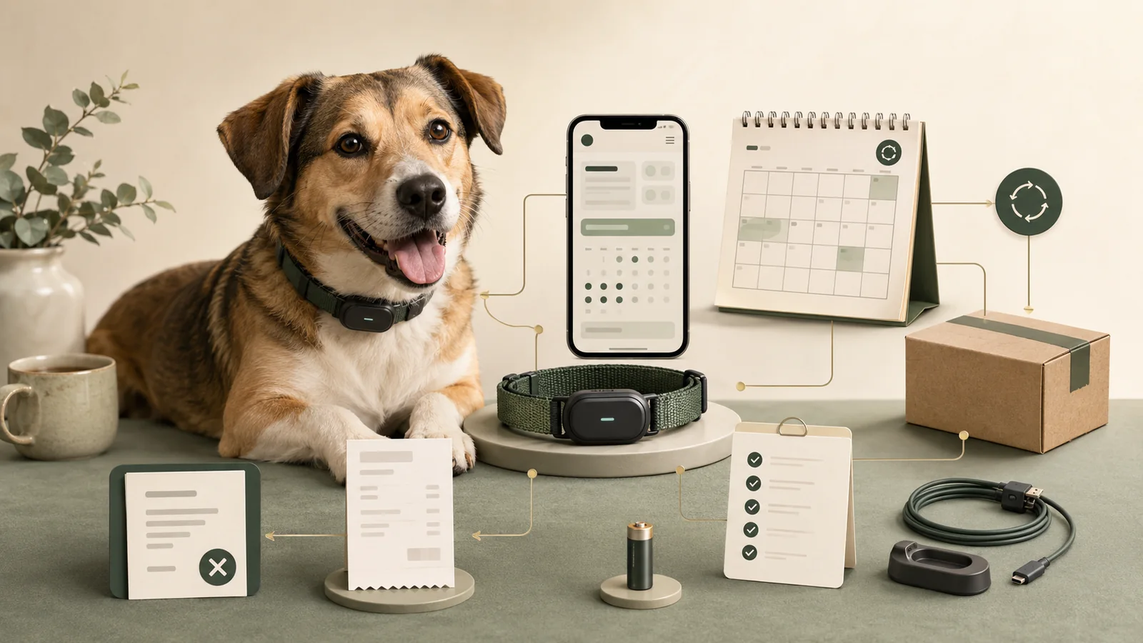 Illustration of a dog wearing a connected collar beside a phone, renewal calendar, receipt, replacement battery, shipping box, charger, and cancellation checklist representing pet-tech ownership costs.