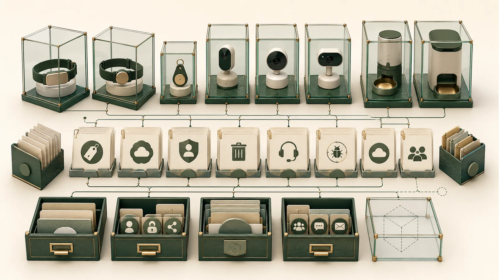 Editorial illustration of pet technology devices connected to documentation records for privacy, support, updates, deletion, and vulnerability review