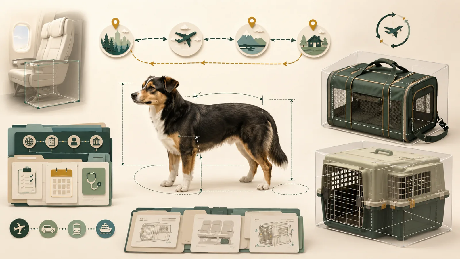 Illustration of a dog, cabin seat, soft carrier and rigid travel kennel with route, measurement and document checkpoints