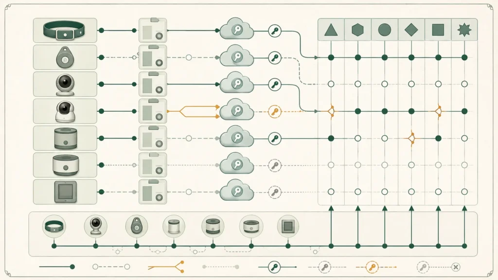 Editorial diagram showing a collar-tag access path, generic feeder stations, an app and cloud layer, and verification checkpoints