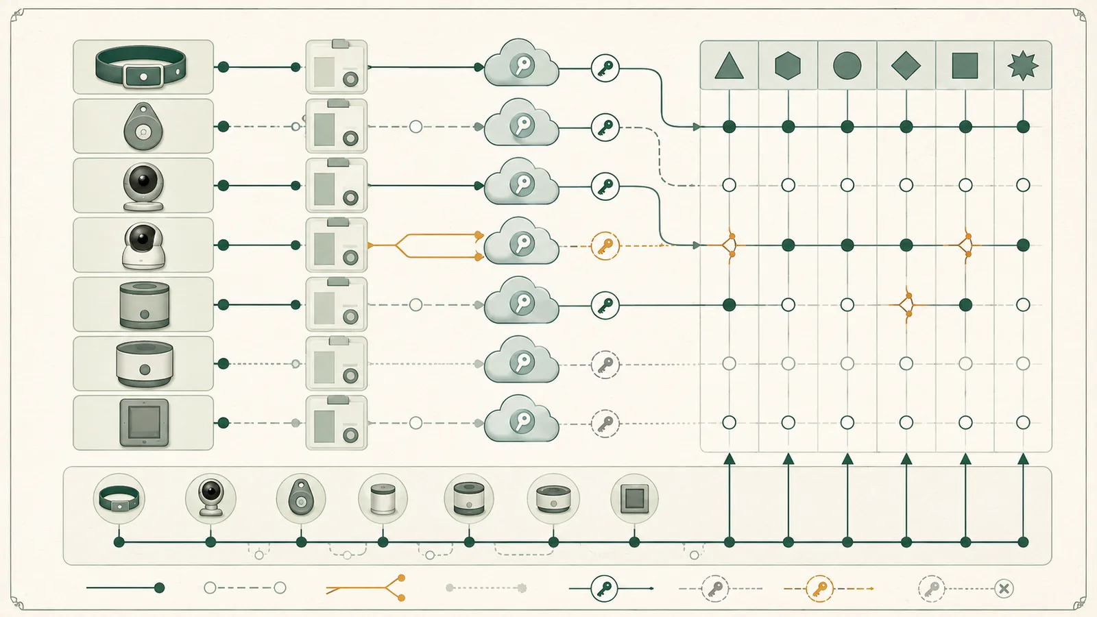 Editorial diagram showing a collar-tag access path, generic feeder stations, an app and cloud layer, and verification checkpoints