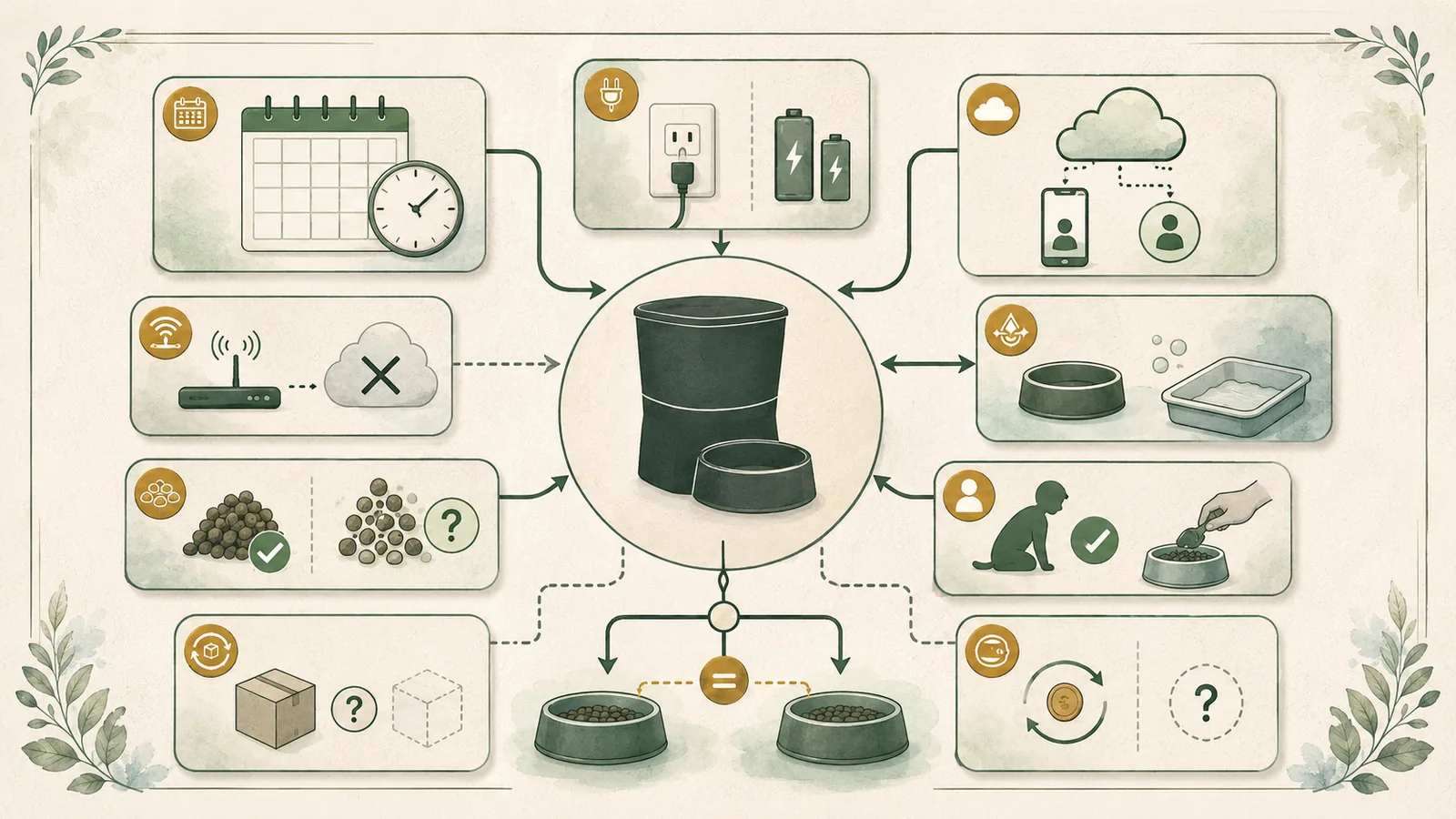 Editorial diagram of a generic timed hopper feeder with schedule, power, network, food, cleaning, two-bowl output, cost, and human-backup checkpoints