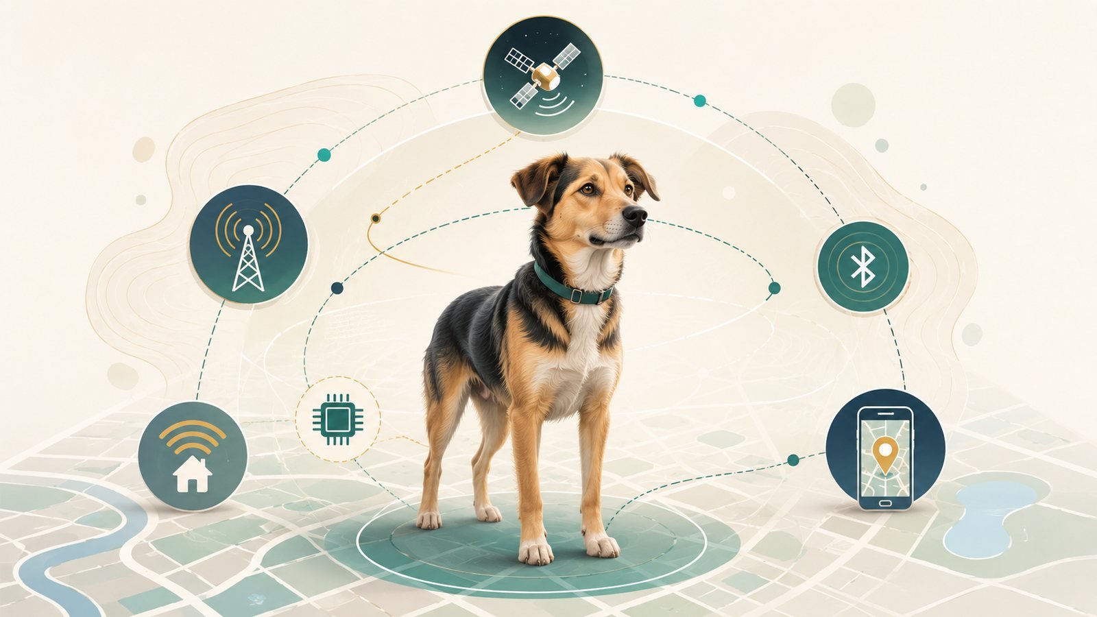 Illustration of a dog on a map with satellite, cellular, Wi-Fi, Bluetooth, microchip, and phone location technology icons.