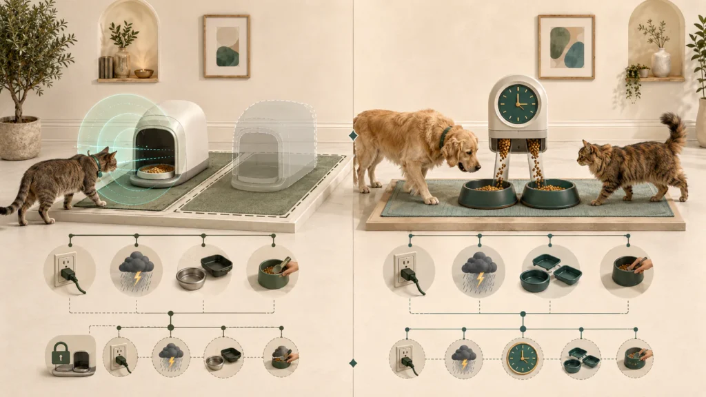 Editorial split-screen comparison of a tag-gated RFID feeder and a timed nonselective feeder for a multi-pet household