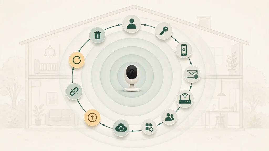Illustration of a household pet camera surrounded by account, router, sharing, update, retention, and deletion controls