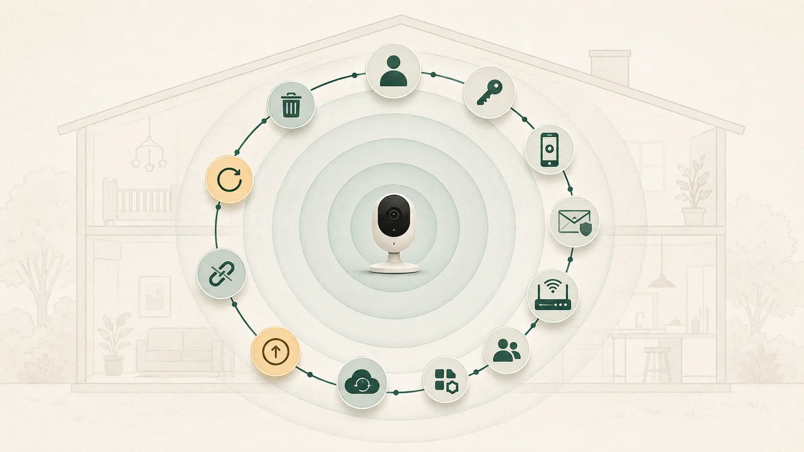 Illustration of a household pet camera surrounded by account, router, sharing, update, retention, and deletion controls