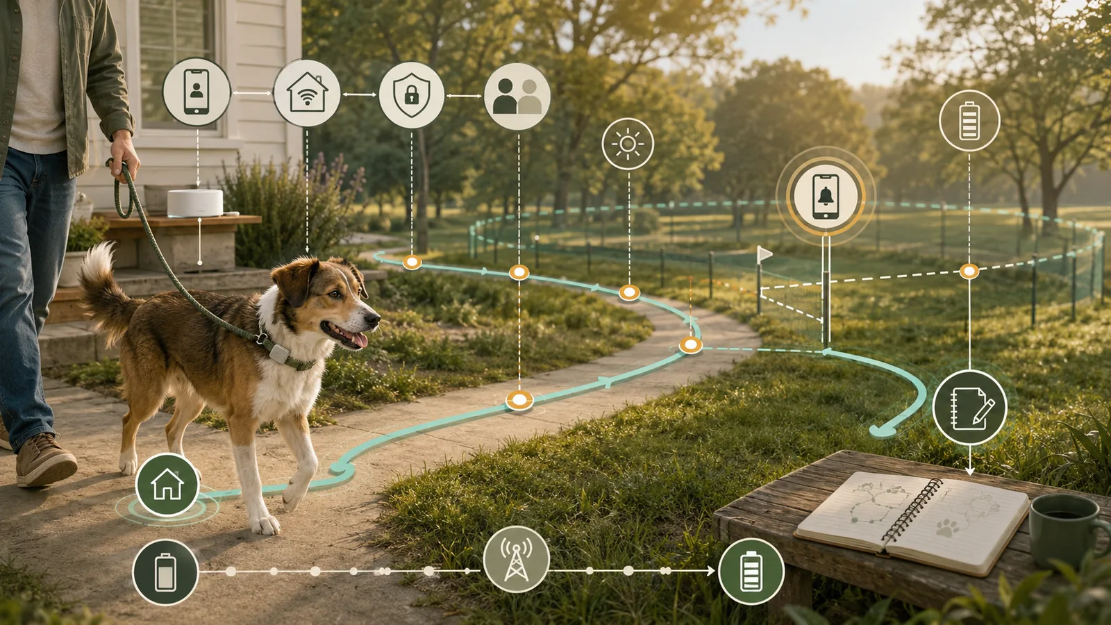 Illustrated pet-tracker setup workflow showing a home zone, controlled leash route, alerts, account sharing, and battery observations