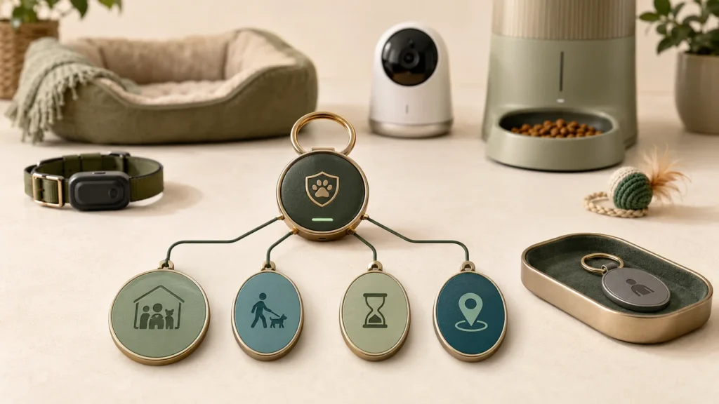 Editorial illustration of an owner-controlled pet device account connecting household, caregiver, temporary, and location access roles