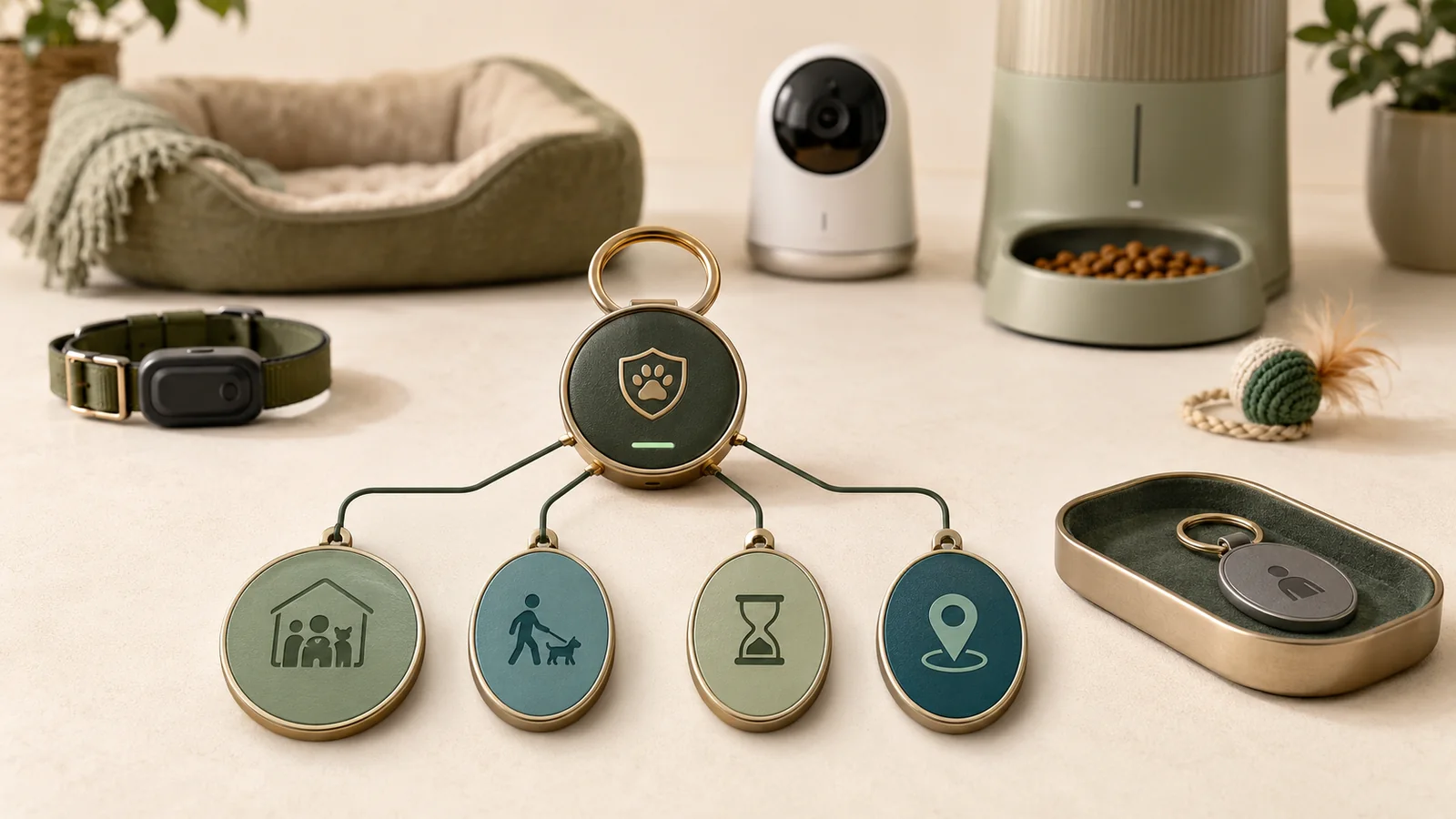 Editorial illustration of an owner-controlled pet device account connecting household, caregiver, temporary, and location access roles