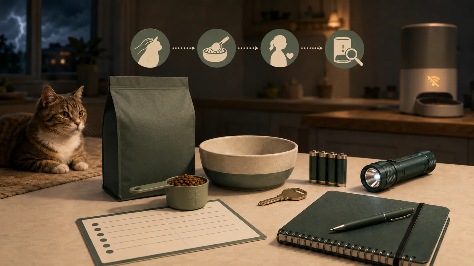 Editorial backup-planning scene with a cat, an automatic feeder showing lost connectivity, manual food and a bowl, batteries, a flashlight, a written schedule, a house key, and caregiver handoff symbols