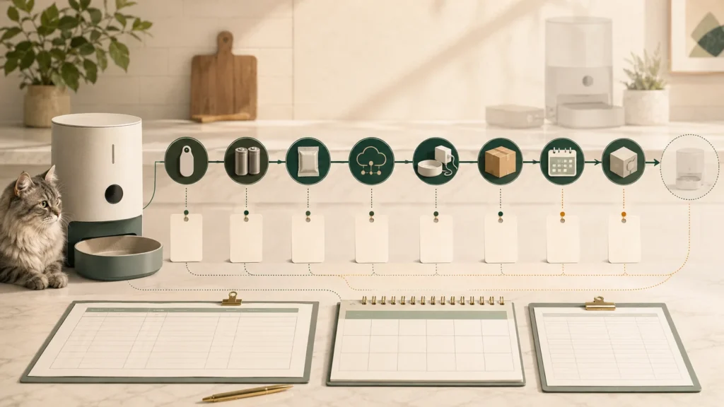 Illustration of a cat beside a smart feeder and icons representing hardware, accessories, power, services, shipping, and replacement costs