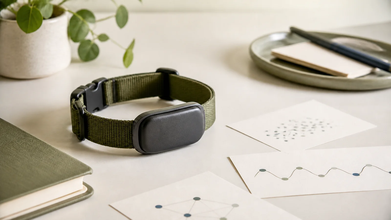 Generic unbranded dog collar wearable beside notes with abstract data marks