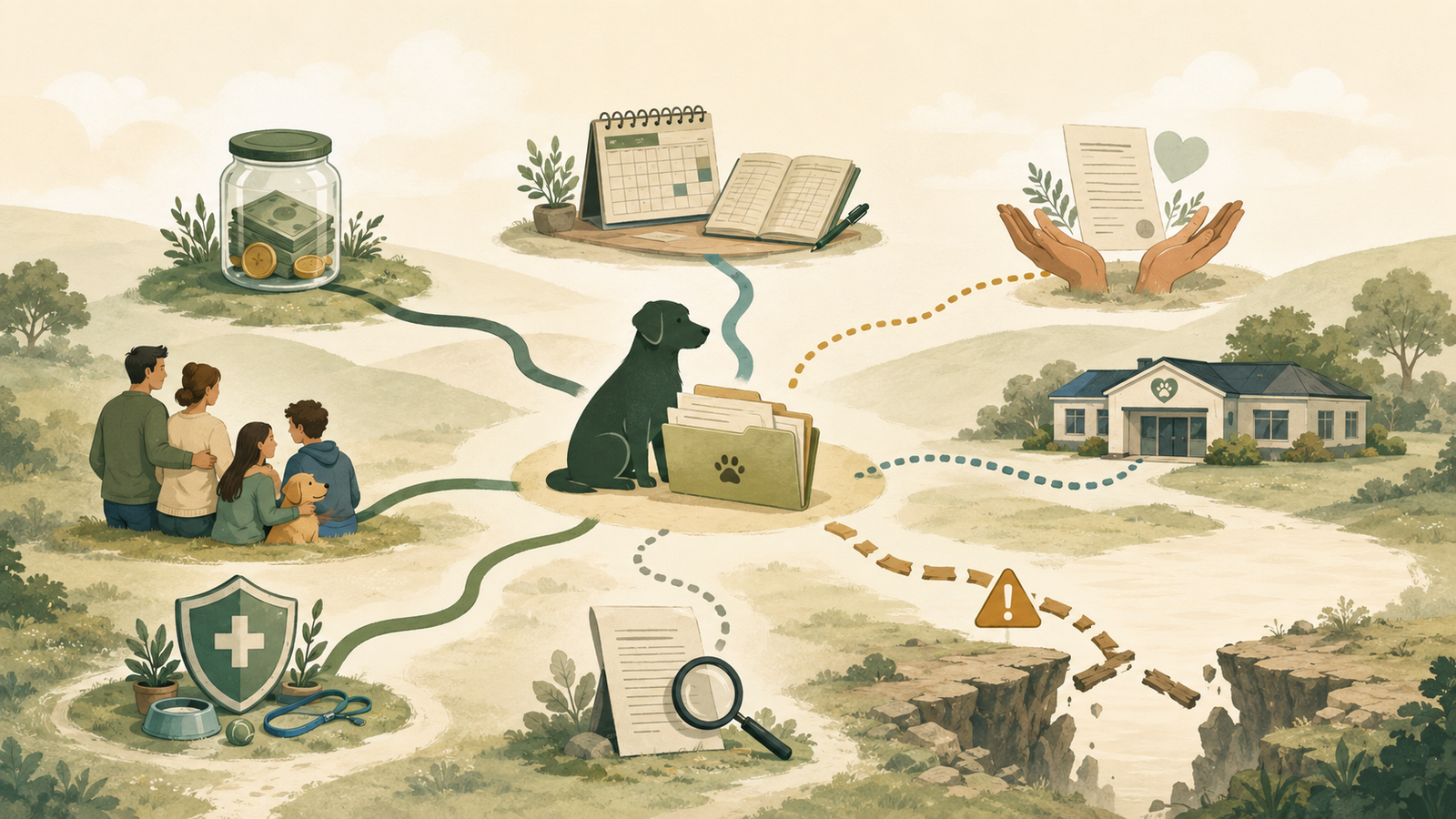 Illustration of a dog surrounded by separate pet-care cost planning paths, documents, savings, community aid, and a warning boundary.